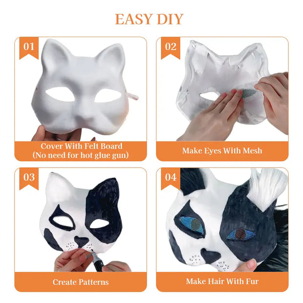 6 Sets Therian Mask Kit. Half-face paper blank masks, hand-painted cat. For DIY, masquerade, cosplay, Christmas gifts. Create un - Memoriex 