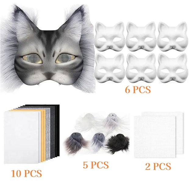 6 Sets Therian Mask Kit. Half-face paper blank masks, hand-painted cat. For DIY, masquerade, cosplay, Christmas gifts. Create un - Memoriex 