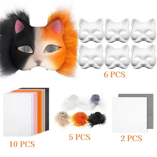 6 Sets Therian Mask Kit. Half-face paper blank masks, hand-painted cat. For DIY, masquerade, cosplay, Christmas gifts. Create un - Memoriex 