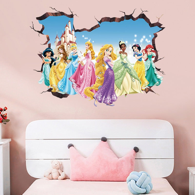 Princess Elsa 3D Wall Sticker Girl's Bedroom PVC Poster Self Adhesive Cartoon Princess Glass Wardrobe Wall Sticker