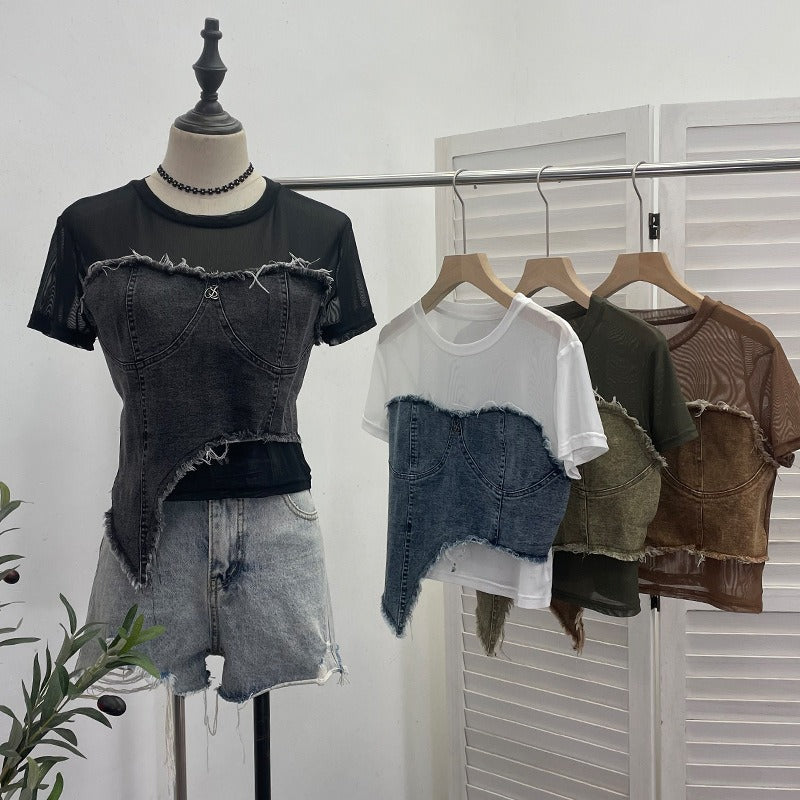 Cowboy patchwork mesh short sleeved t-shirt summer outfit irregular high waisted slim fit top