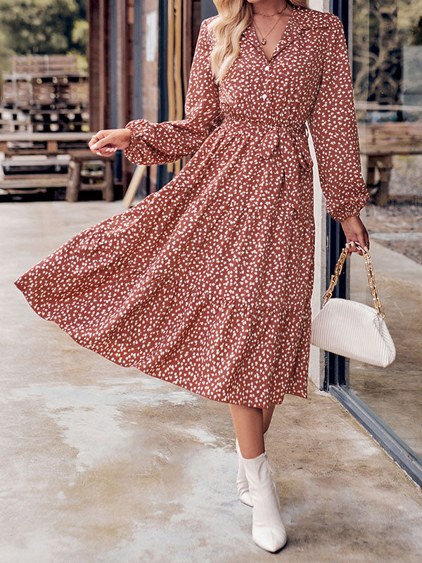 A-Line Long Sleeves Buttoned Flower Print Pleated Split-Joint Tied Waist Lapel Midi Dresses by migunica-4