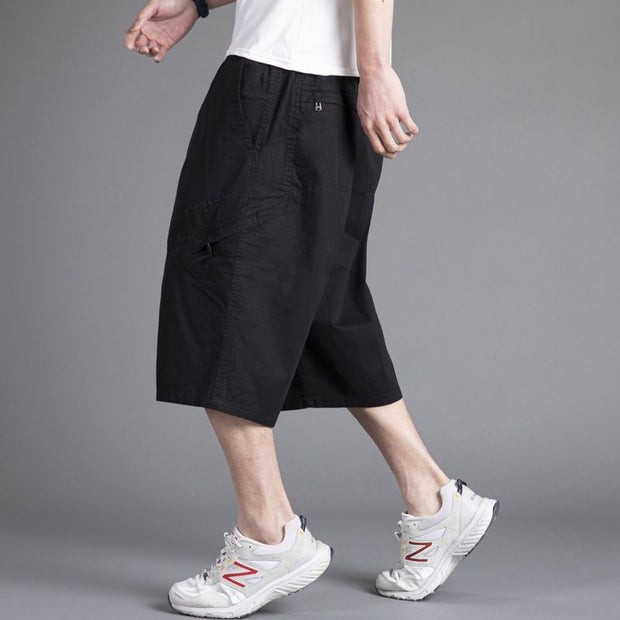 Men's loose casual shorts with cropped pants solid color middle-aged and elderly work pants - Memoriex