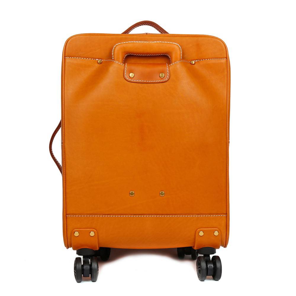 Unisex Genuine Vintage Vegetable Tanned Leather Carry On Business Trolley Bag Rotate Universal Wheel 20 Inch Travelling Luggage Bag-4