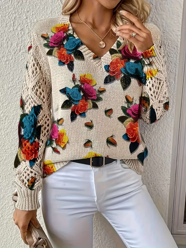 Elegant Bohemian Floral V-neck Long Sleeve Fashion Printed Sweater