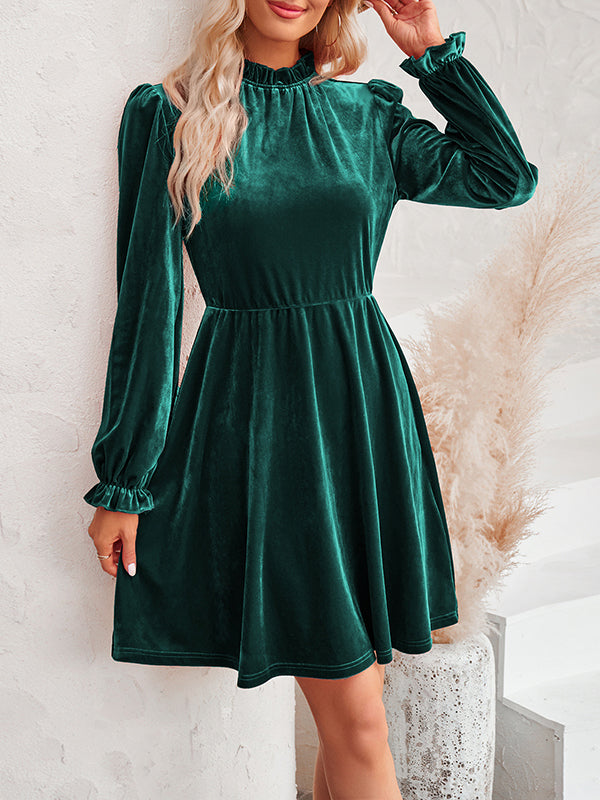 A-Line High Waisted Hollow Ruffled Solid Color Velvet Mock Neck Mini Dresses by migunica-0