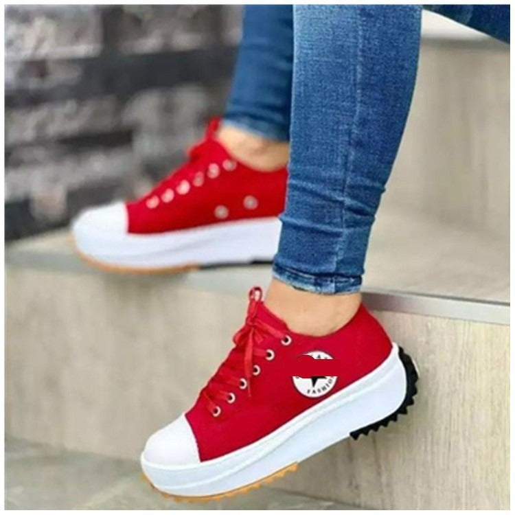 Leisure single shoe women's solid color thick sole lace up canvas shoes casual shoes - Memoriex 