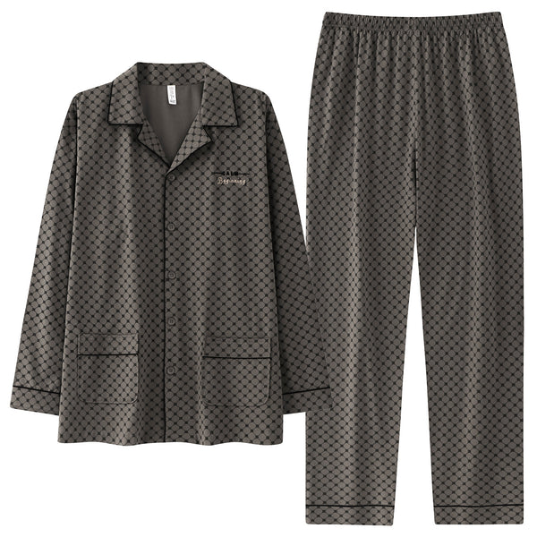 Men's Cotton Check Pyjama Set, Button-Front Collared Long Sleeve Top and Trousers, Grey and Brown