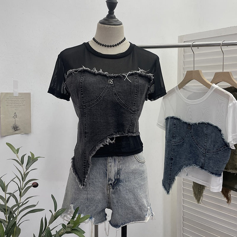 Cowboy patchwork mesh short sleeved t-shirt summer outfit irregular high waisted slim fit top