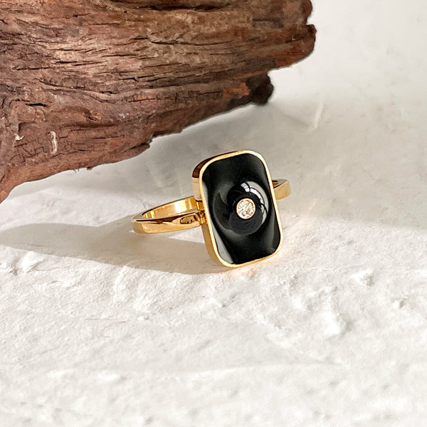 E.B.belle New Black Enamel Square CZ Stone Ring Stainless Steel 18k Gold Plated Ladies Vintage Geometric Rings For Female - Memoriex