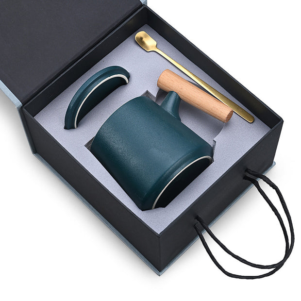 Creative Gift Personalized Ceramic Coffee Mug With Lid Spoon Rough Pottery Cup Lettering Couple Water Cup Logo - Memoriex