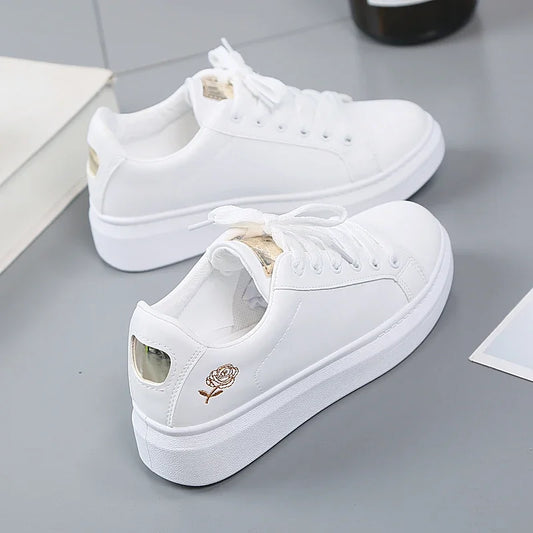 Women Casual Shoes New Spring Fashion Embroidered White Breathable Flower Lace-Up Sneakers White Tenis Feminino Flat  Zapatillas - Memoriex 