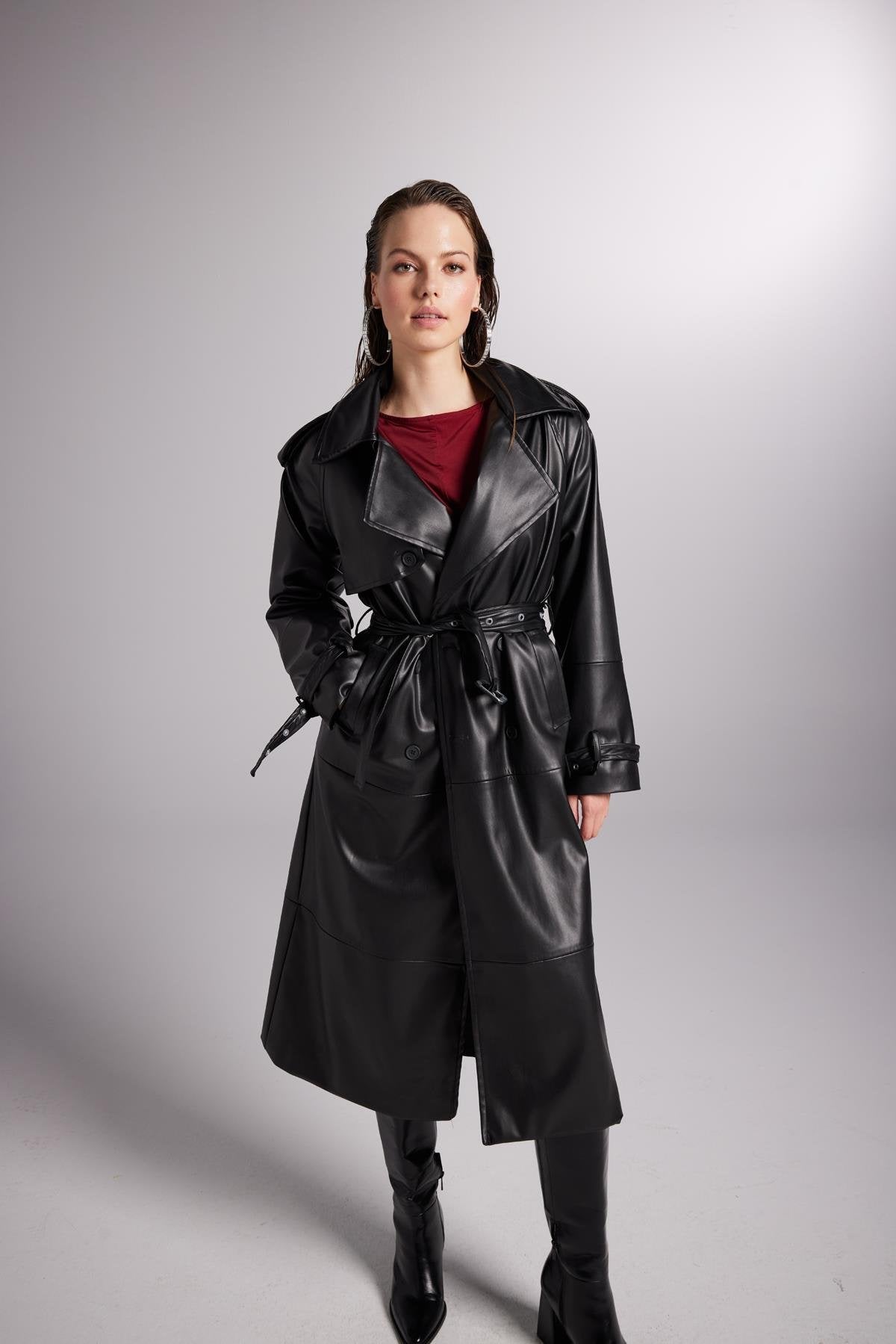 Collider Black Faux Leather Trench Coat-4