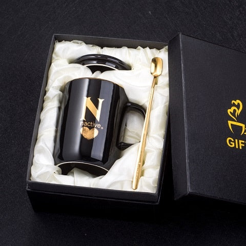 400ml Creative Gold Finger Printing Black Ceramic Coffee Mug Tea Cup With Gold Handle As Gift With Lid And Spoon - Memoriex