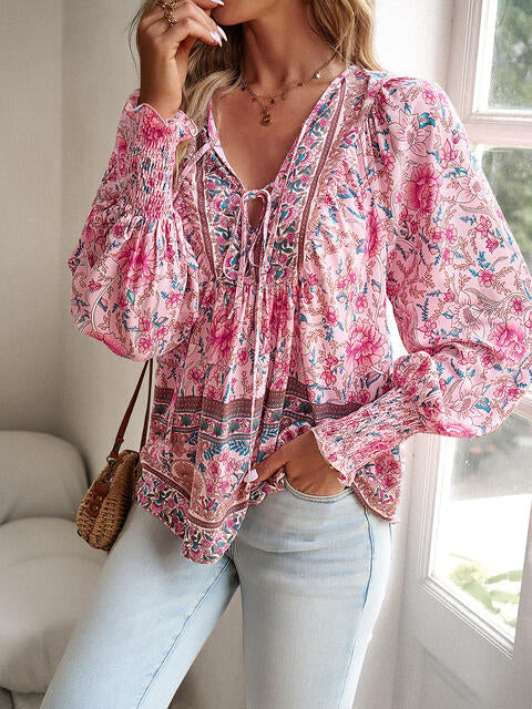 Bohemian Tie Neck Lantern Sleeve Blouse by VYSN-4