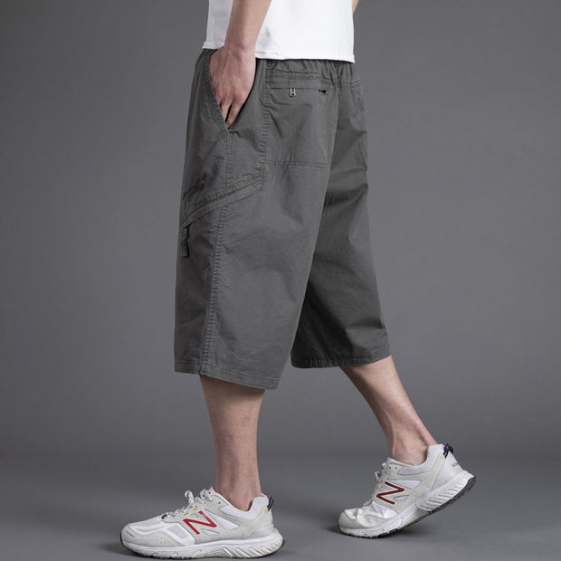 Men's loose casual shorts with cropped pants solid color middle-aged and elderly work pants - Memoriex