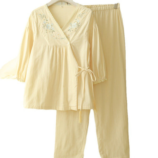 Women's Collarless Cotton Gauze Pyjama Set, Three-Quarter Sleeve...