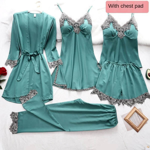 Women's 5-Piece Satin Pyjama Set, Long Sleeve Top, Trousers and...