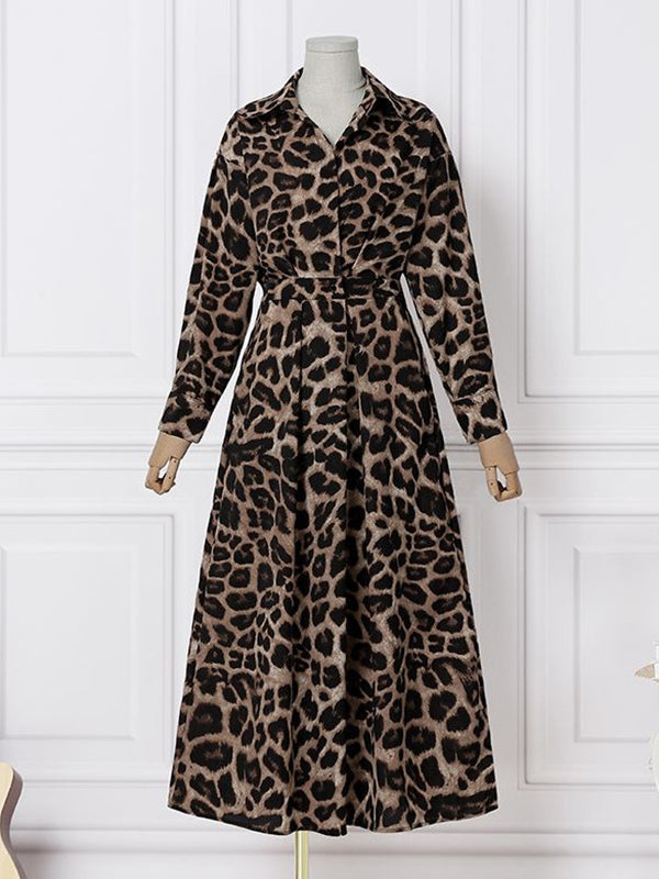 High Waisted Long Sleeves Buttoned Leopard Lapel Maxi Dresses by migunica-3