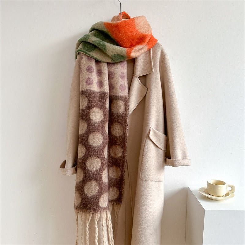 Imitation wool scarf with colorful polka dots, lazy temperament, soft and versatile shawl, thick and warm