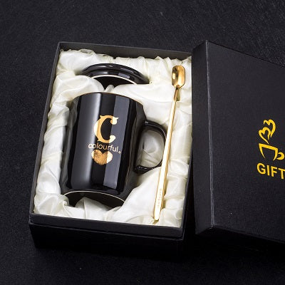 400ml Creative Gold Finger Printing Black Ceramic Coffee Mug Tea Cup With Gold Handle As Gift With Lid And Spoon - Memoriex