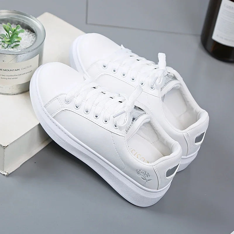 Women Casual Shoes New Spring Fashion Embroidered White Breathable Flower Lace-Up Sneakers White Tenis Feminino Flat  Zapatillas - Memoriex 