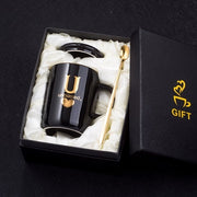 400ml Creative Gold Finger Printing Black Ceramic Coffee Mug Tea Cup With Gold Handle As Gift With Lid And Spoon - Memoriex