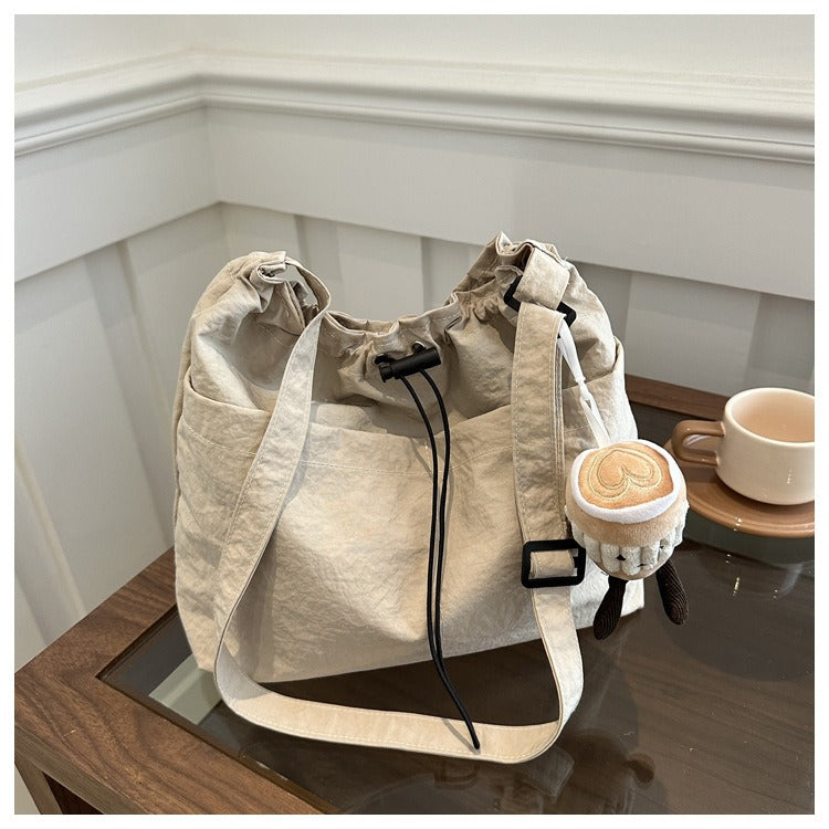 New large capacity waterproof nylon cloth drawstring pleated shoulder bag travel leisure crossbody bucket bag - Memoriex 