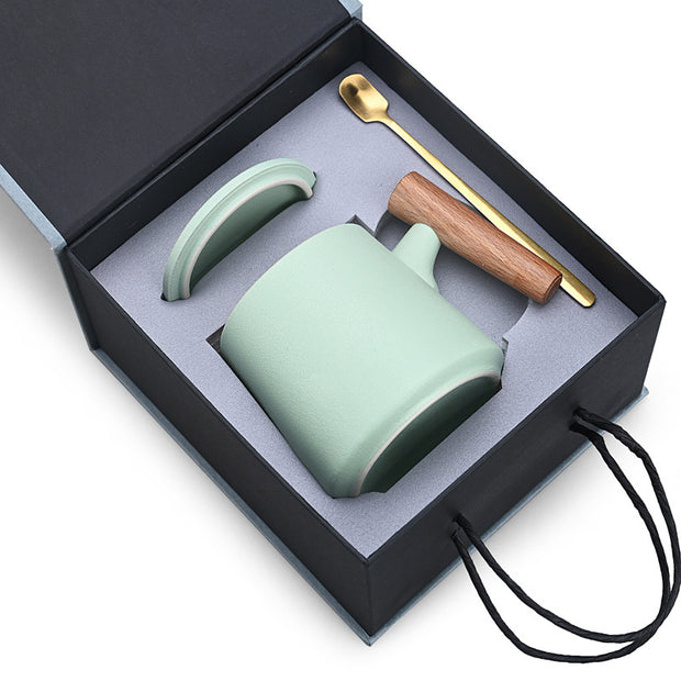 Creative Gift Personalized Ceramic Coffee Mug With Lid Spoon Rough Pottery Cup Lettering Couple Water Cup Logo - Memoriex