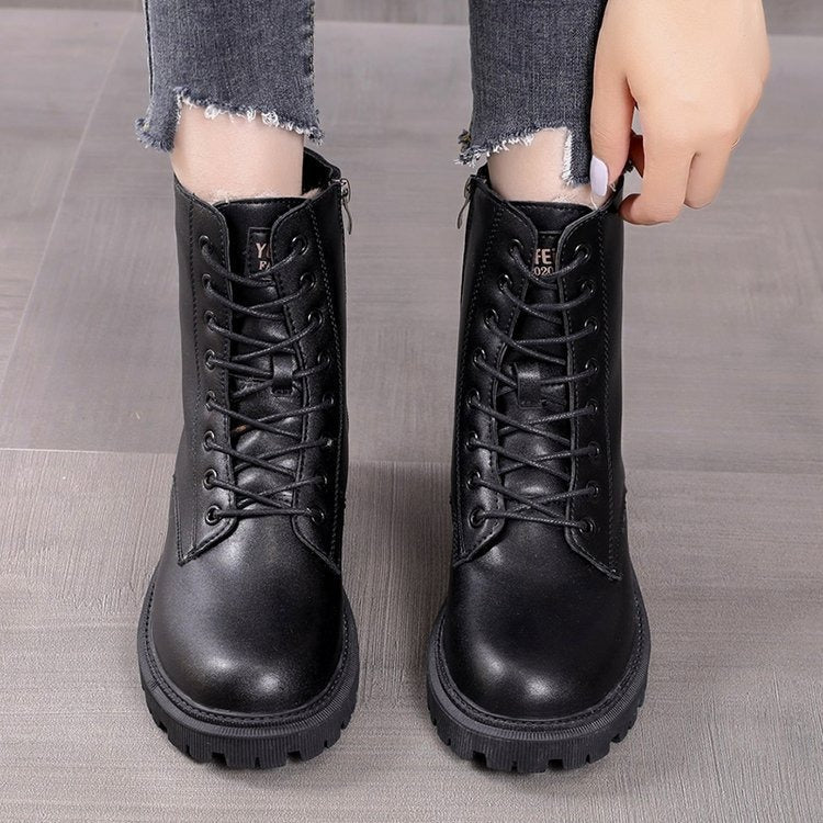 Snow boots, women's new cotton shoes, autumn and winter women's shoes, waterproof British style Martin short boots, thickened and plush in winter - Memoriex 