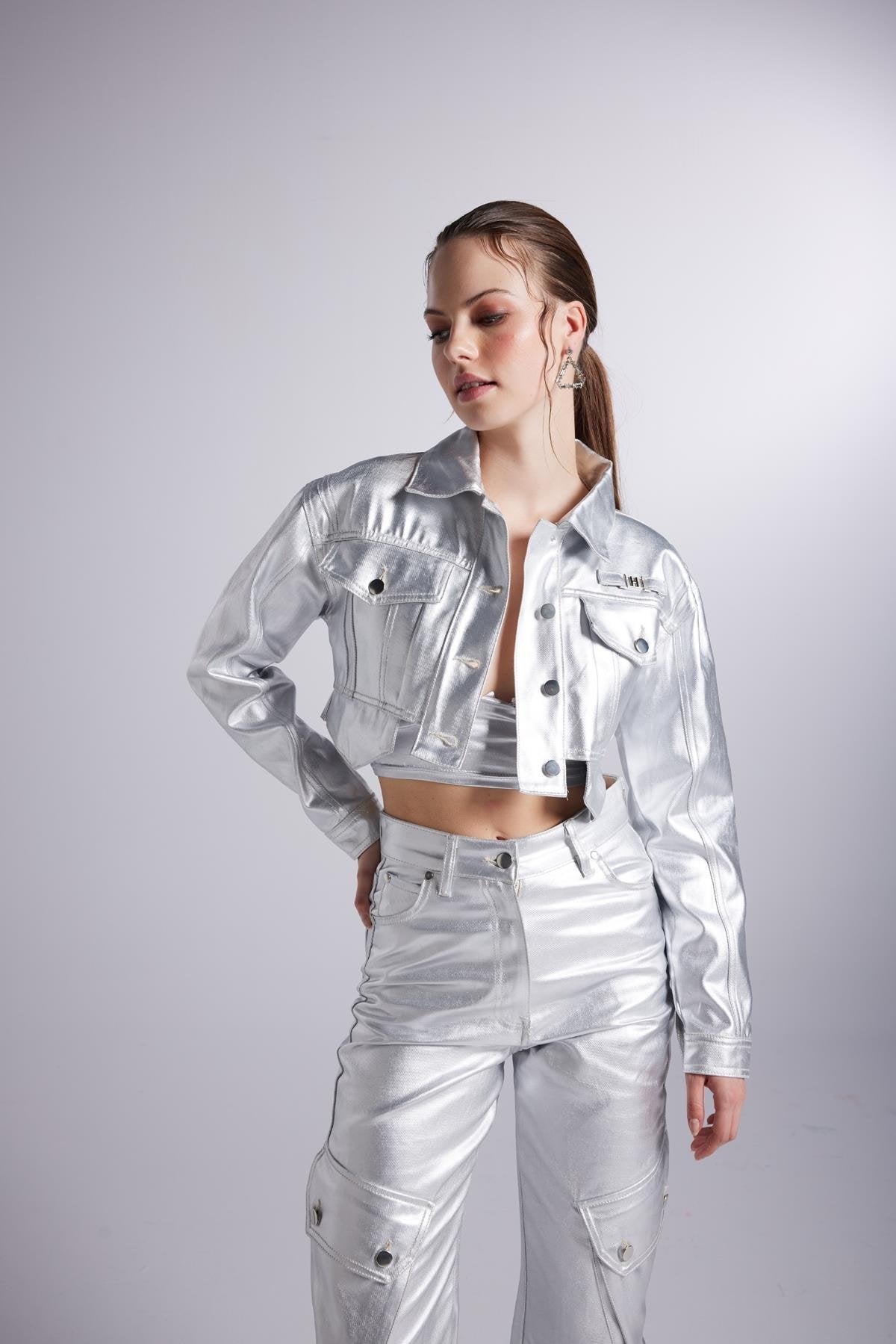 Metallic Grey Glossy Millen Cropped Jacket-1