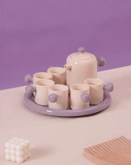 Cute Whimsical Dopamine Bauhaus Tea Pot & Tea Cups Set Of 8 Pcs - Handmade Ceramic Teaset Gift Box-4