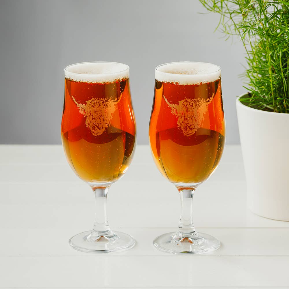 Set of 2 Highland Cow Engraved Style Craft Beer Glasses-1