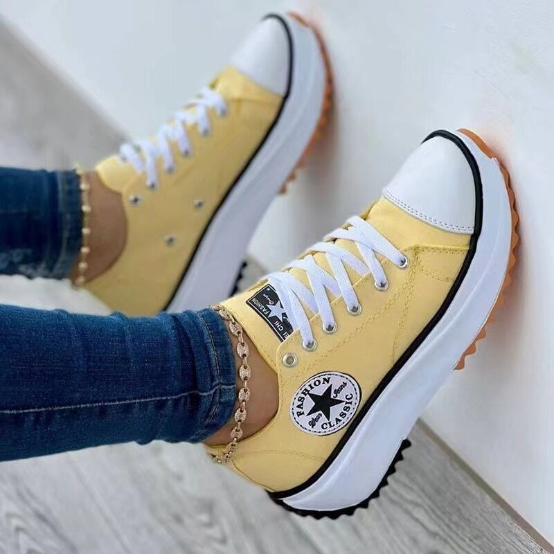 Leisure single shoe women's solid color thick sole lace up canvas shoes casual shoes - Memoriex 