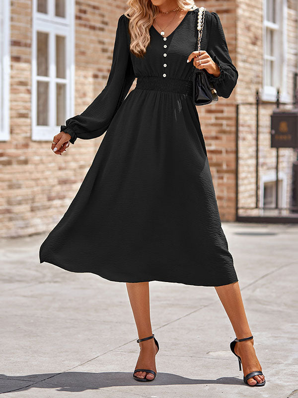 A-Line Long Sleeves Buttoned Elasticity V-Neck Midi Dresses by migunica-4