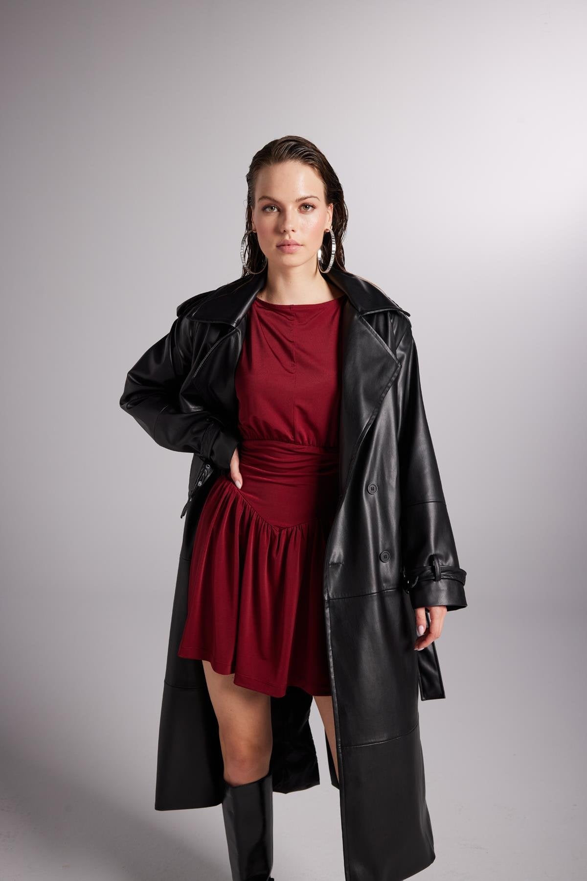 Collider Black Faux Leather Trench Coat-3