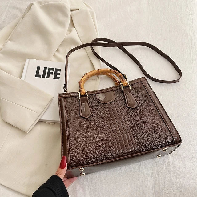 High Quality Leather Shoulder Bag For Women Luxury Alligator Handbag Designer Women Bag Retro Bamboo Handle Tote Bag Female - Memoriex 