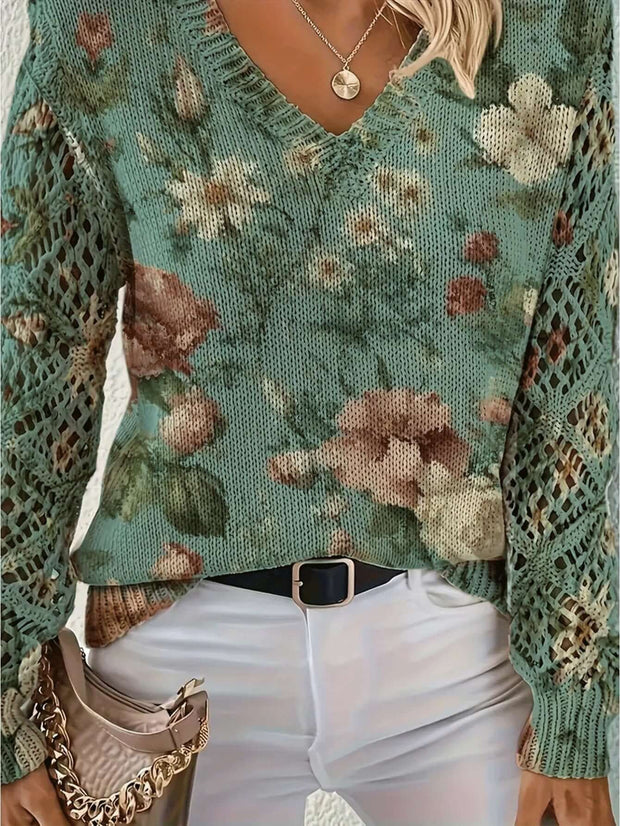 Elegant Bohemian Floral V-neck Long Sleeve Fashion Printed Sweater