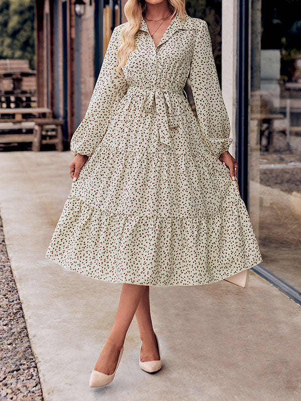 A-Line Long Sleeves Buttoned Flower Print Pleated Split-Joint Tied Waist Lapel Midi Dresses by migunica-1