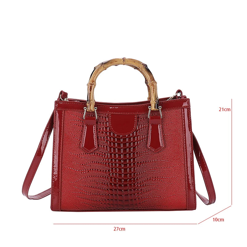 High Quality Leather Shoulder Bag For Women Luxury Alligator Handbag Designer Women Bag Retro Bamboo Handle Tote Bag Female - Memoriex 