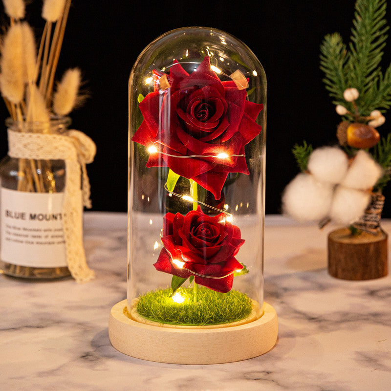 Christmas Valentine's Day Birthday Gift Two Roses Glass Cover Ornament LED Light Simulation Immortal Flower