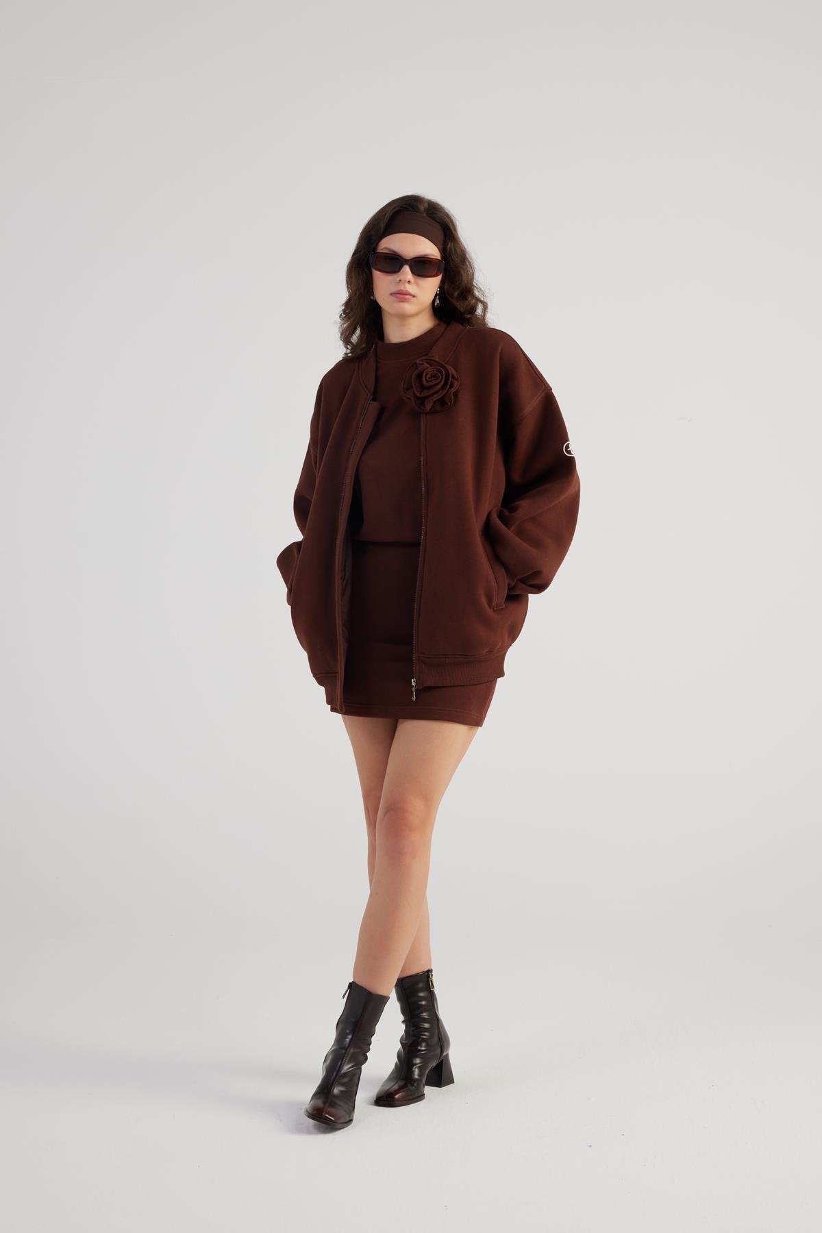 Alexa Brown Oversize Bomber Jacket with Removable Rose Accessory - Memoriex 