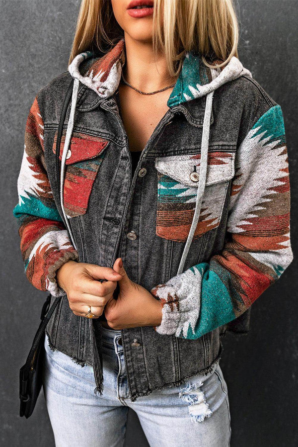 Drawstring Hooded Pocketed Denim Jacket for Women-0