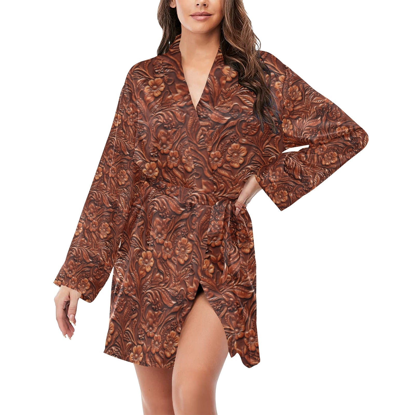 Tooled Leather Print Women's Long Sleeve Belted Satin Feel Dressing Lounge Robe by Baha Ranch Western Wear-0