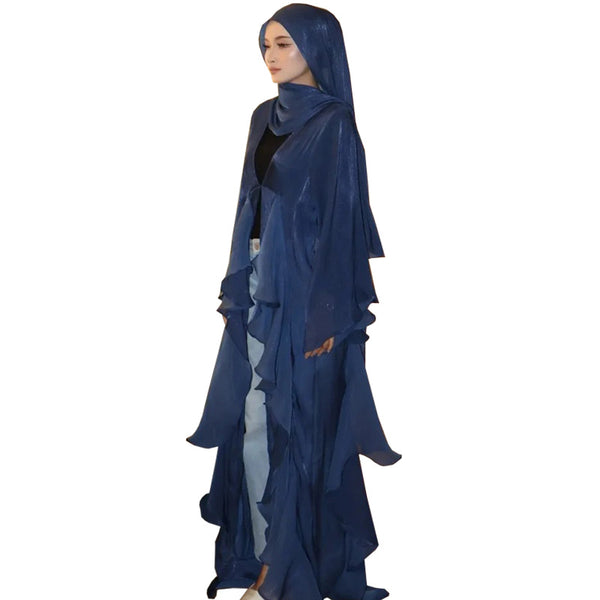 Two-Piece Headscarf and Ruffled Robe Set — Lightweight Shimmer Wrap in Flowing Cut