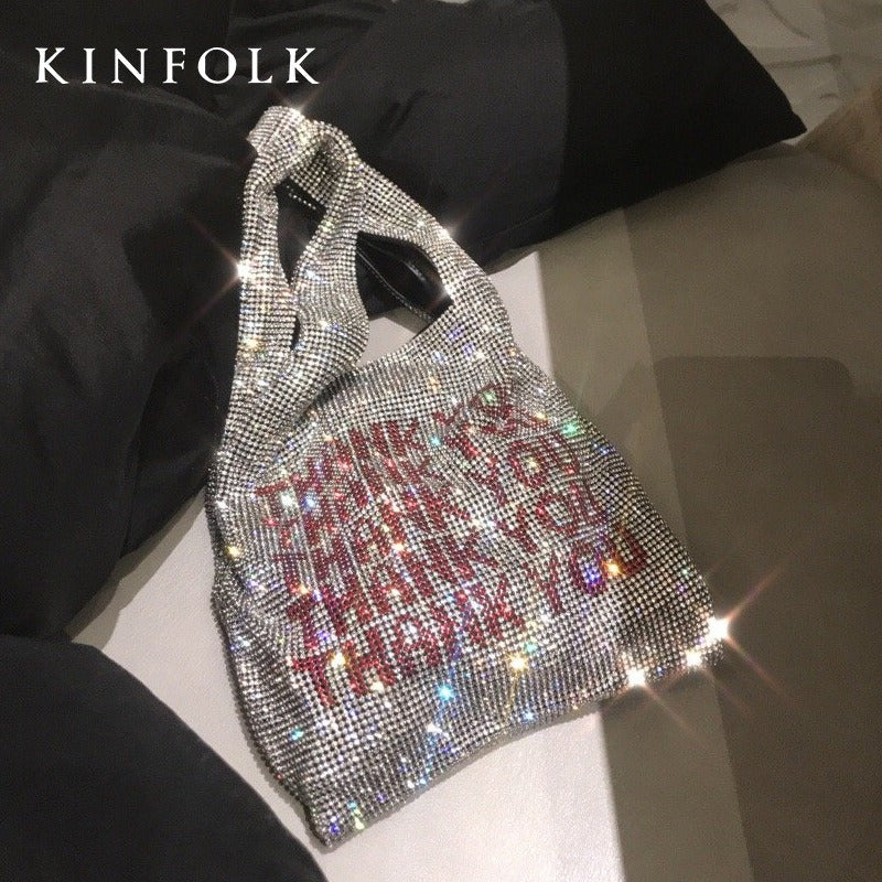 Handheld bag thank you diamond inlaid bling rhinestone handbag - Memoriex