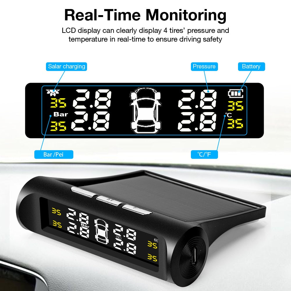 Smart Car TPMS Tire Pressure Monitoring System Solar Power Digital TMPS LCD Display USB Auto Security Alarm Tire Pressure Sensor - Memoriex 