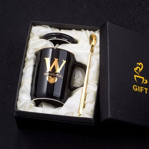 400ml Creative Gold Finger Printing Black Ceramic Coffee Mug Tea Cup With Gold Handle As Gift With Lid And Spoon - Memoriex