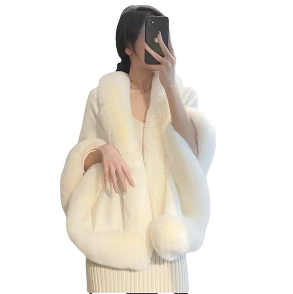 Plush Fur-Look Cape with Contrast Collar — Elegant Winter Poncho Wrap...