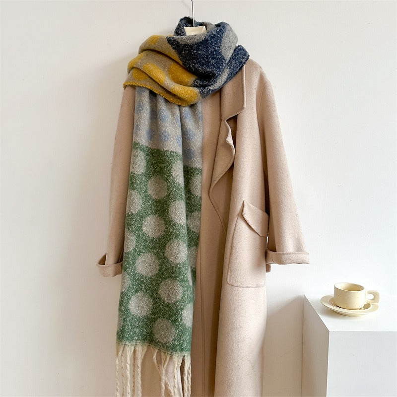 Imitation wool scarf with colorful polka dots, lazy temperament, soft and versatile shawl, thick and warm